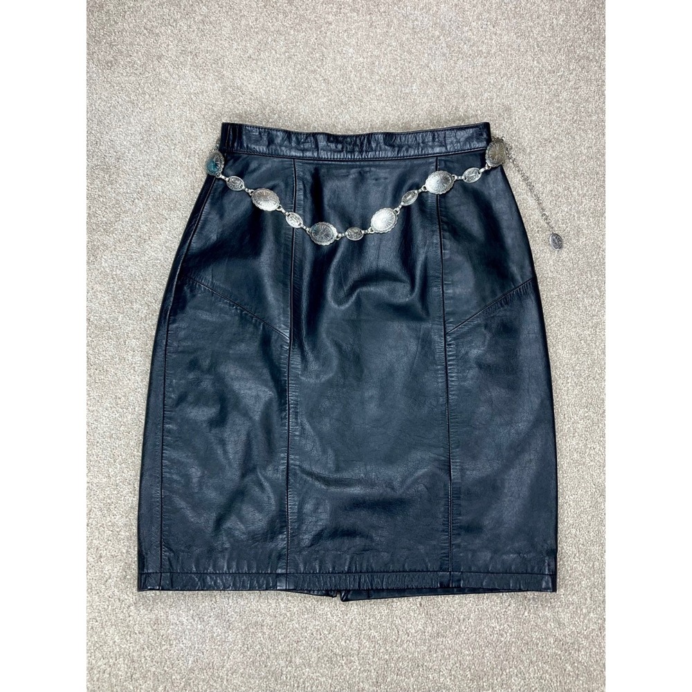 Tango Vintage Leather Concho Belt Pencil Skirt Women 10 Black Western Biker Moto